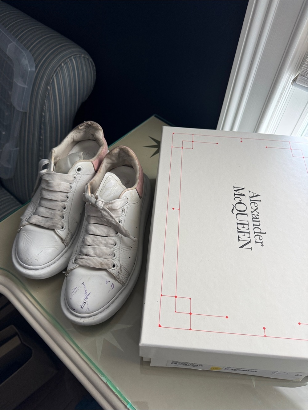 Alexander McQueen White Shoe Box  and shoes size 38.5 with Pink Detail authentic